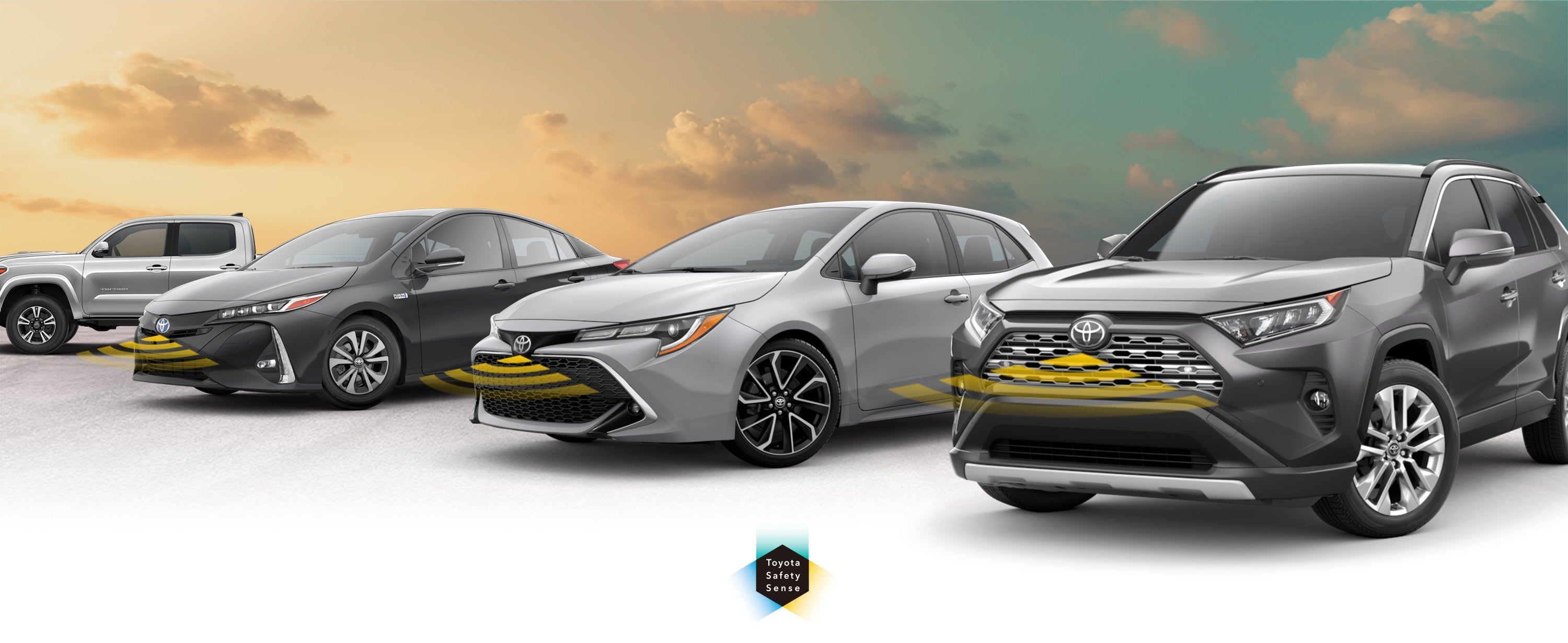 Toyota Safety Sense: Designed for Safety. Options shown on Toyota models including RAV4, Tacoma, and Camry, available now at Coughlin Toyota in Heath OH.