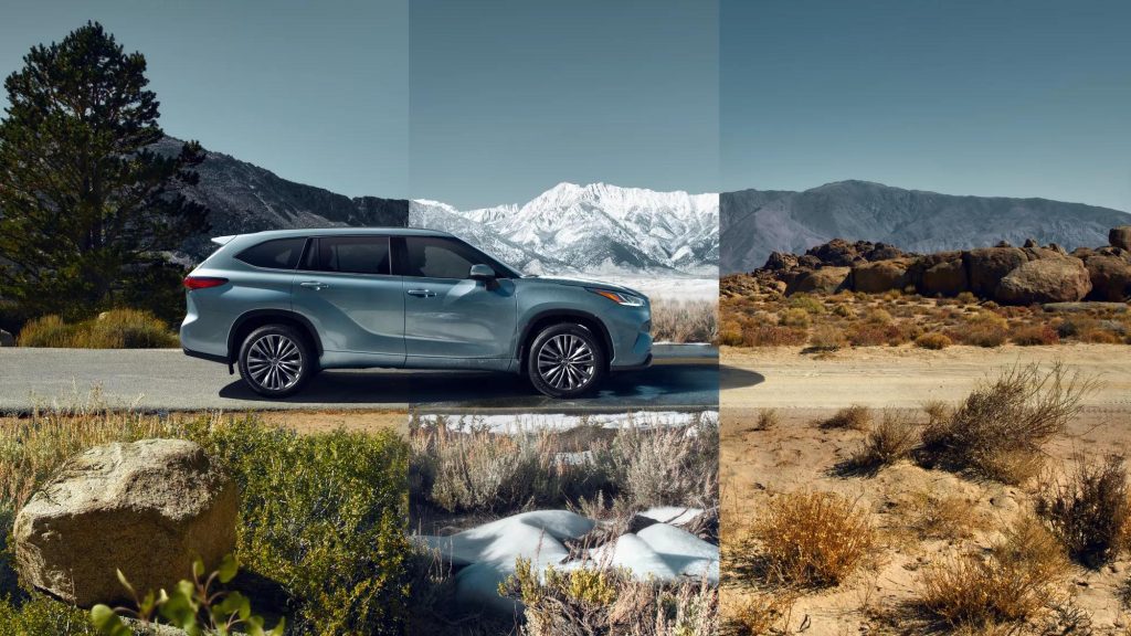 Photoshopped image of a 2022 Toyota Highlander seemingly traveling through three different seasons on the same mountain road.